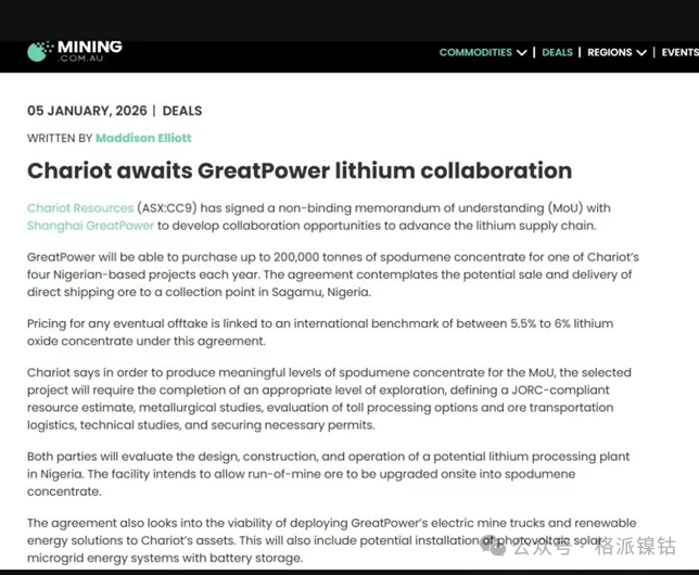 格派鎳鈷攜手Chariot 尼日利亞鋰項(xiàng)目獲海外權(quán)威媒體密集聚焦